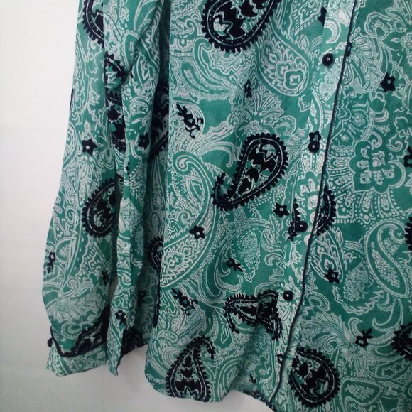 Bon Worth Blouse L Long Sleeve Button Up Simi Sheer Velvet Detail Green Black - Picture 6 of 14